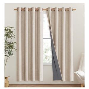 100% Full-Blackout Linen Curtains Grommet Style with Thick Insulated Liner CREAM